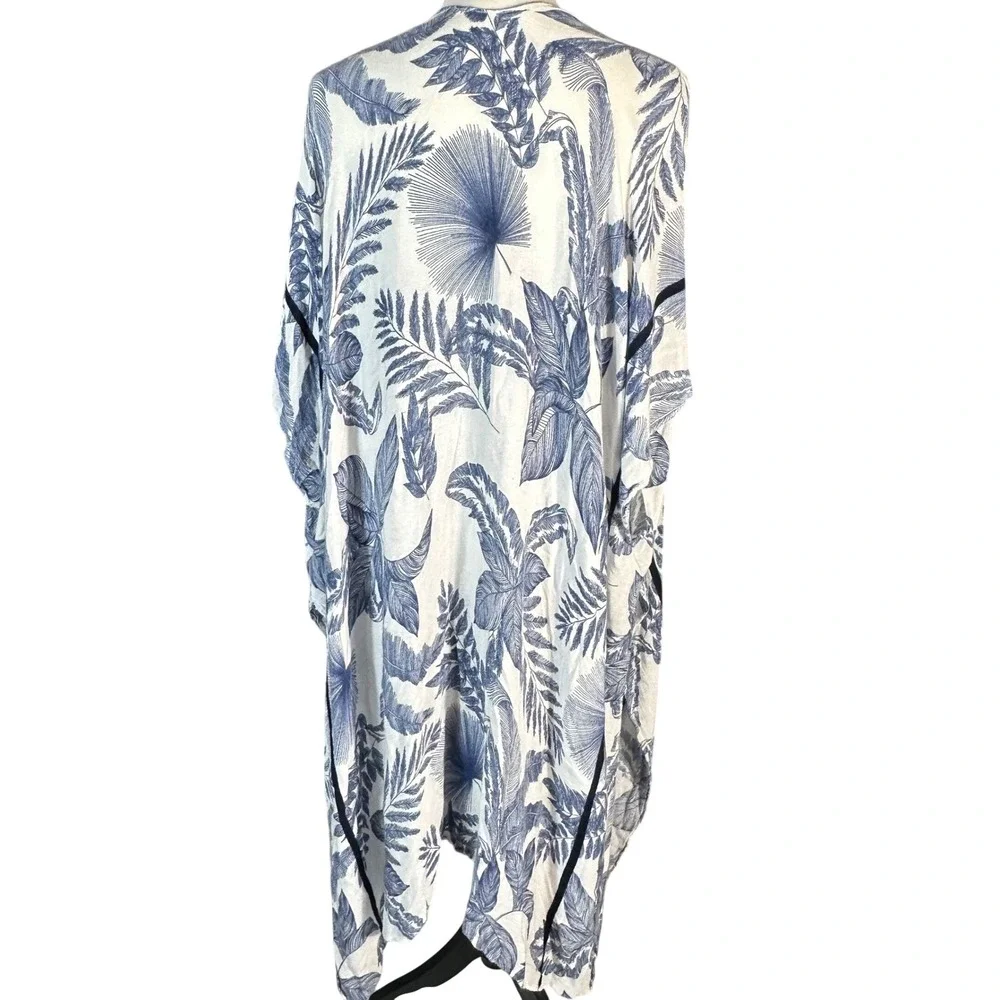 Janice Apparel Kimono Women One Size Blue White Tropical Palm Leaf Print Wrap